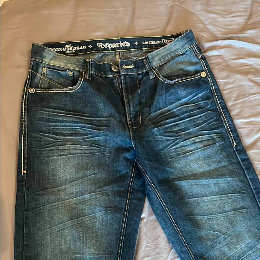 Slim Straight Blue Jeans with Vintage Whiskering